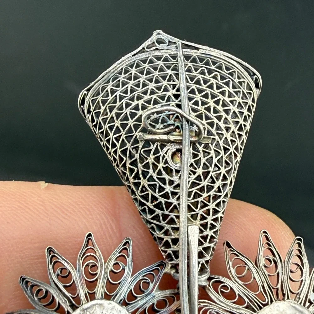 Vintage Spun Silver Brooch Silver Tone Filigree Sunflower Calla Lily Floral